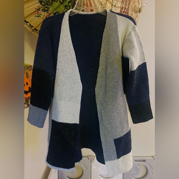 WEGRt Patchwork Open Front Pocketed Knit Sweater - Picture 3 of 6